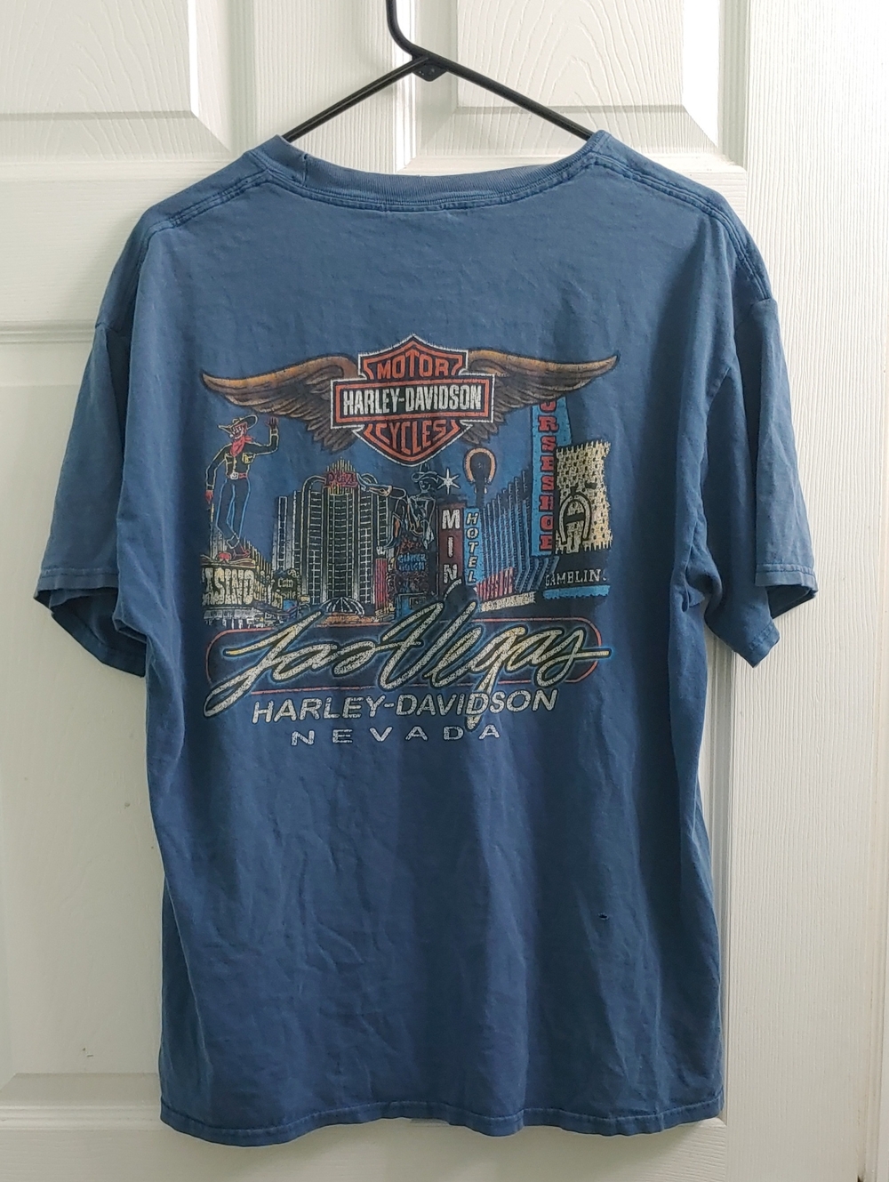 Vintage Harley Davidson T Shirt Men's L Blue Las Vegas Skyline Y2K Biker Tee